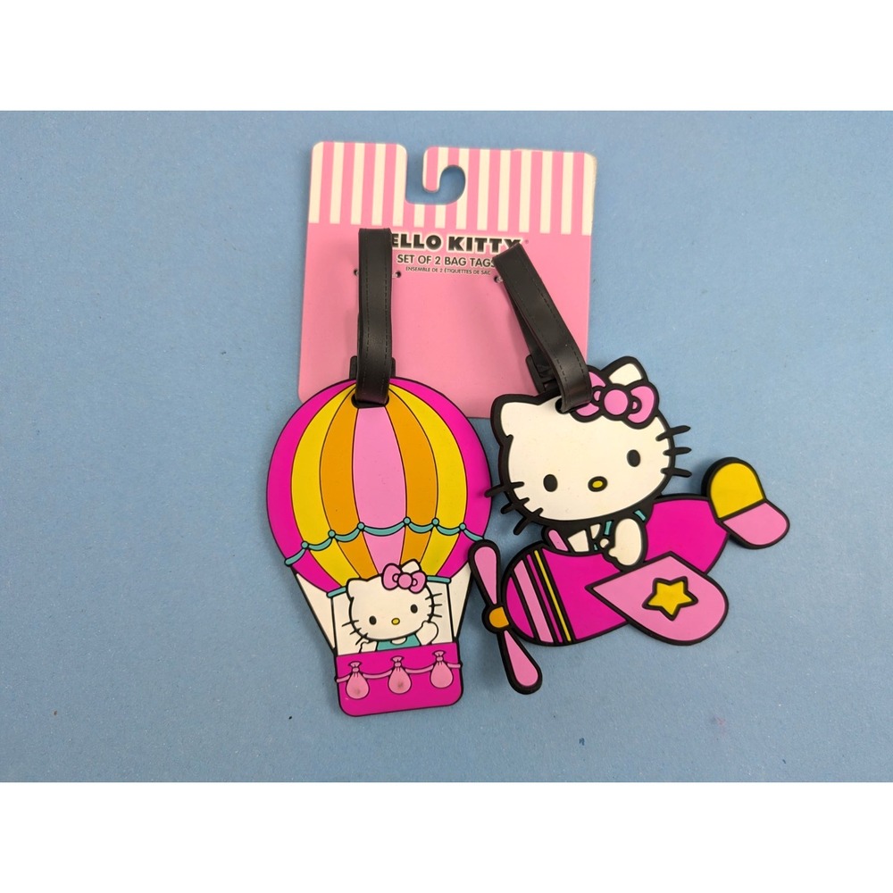 Hello Kitty Set of 2 Bag Tags Hot Air Balloon Airplane Pink Yellow Rubber